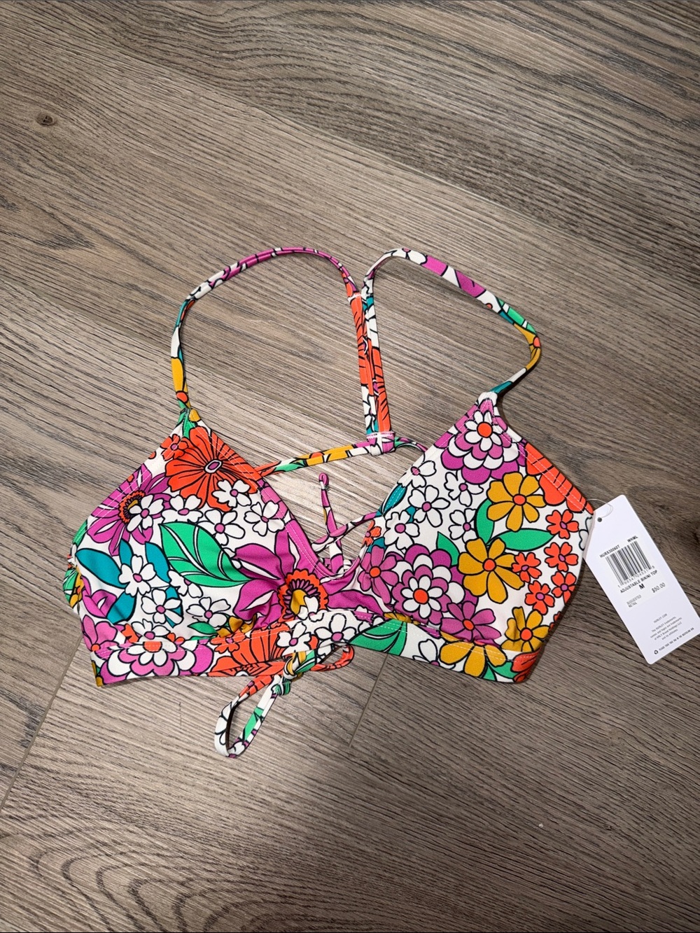 Hurley Floral Tie-Front Bikini Top in Pink, Orange, Yellow, Green, White